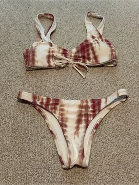 Tie-Dye Two-Piece Bikini Set in Cream and Maroon